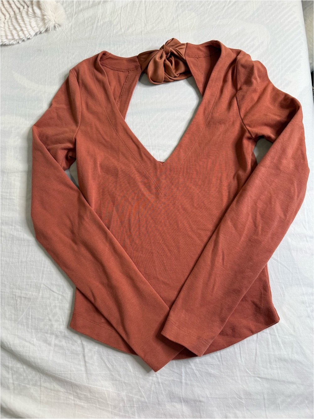 Womenβs Long Sleeve V-Neck Top with Back Tie - Rust